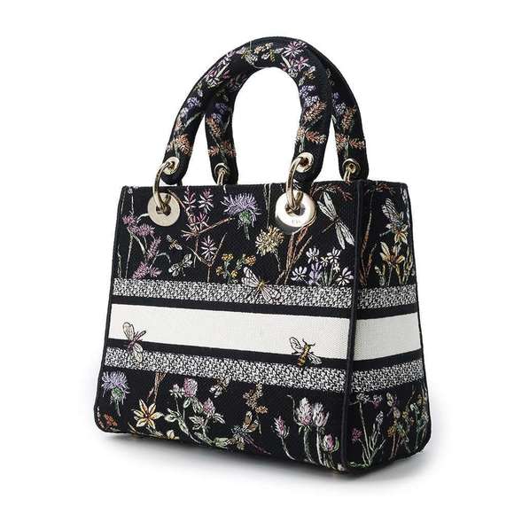 Dior Medium Way Black Bag Canvas Motif 2 Herbarium Hand - Picture 1 of 12